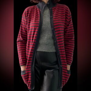 Vintage 100% lambs wool Striped Red & Black mock turtleneck cardigan Size M EUC
